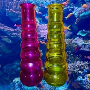 Vintage tiered retro purple and green glass flower decorative vases maximalist